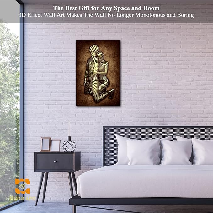 3D Metal Effect Canvas Wall Art- Gold 3D Metal Canvas Art Silver 3D Canvas Art Wall Decor for Modern Living Room, Romantic Couple Living Room Canvas Wall Art Framed 12”x18”x1Pcs