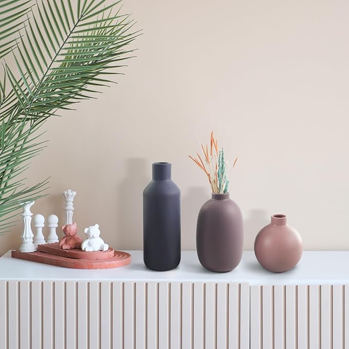 Modern Ceramic Vase Set of 3, Compact Farmhouse Terracotta Vases for Home Decor, Beautiful Flower Vase Decoration, Multicolor Combinations