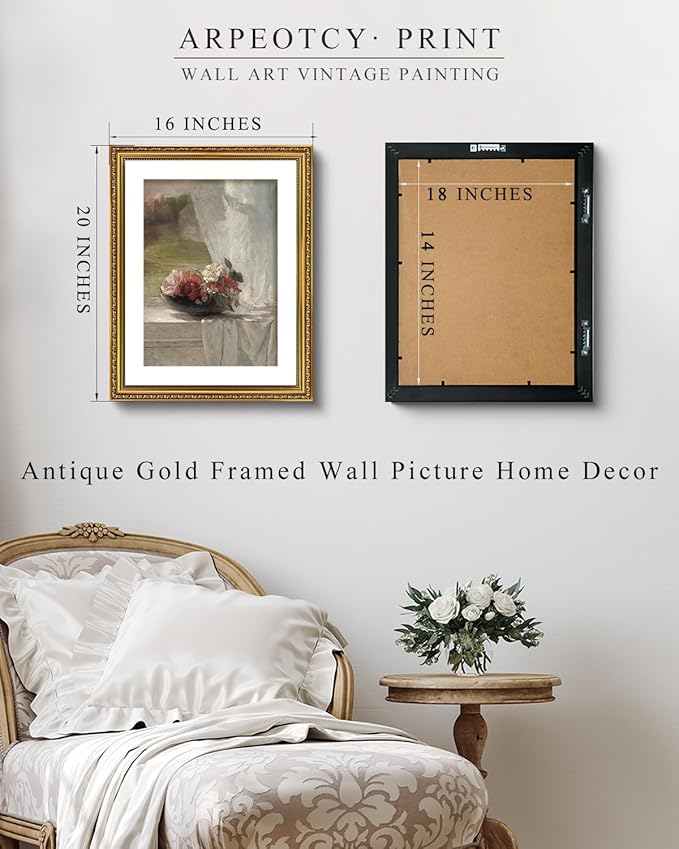 ARPEOTCY Vintage Gold Framed Large Wall Art, Nature Flower Scenery Retro Paintings, Canvas Prints Artwork with Antique Frame, Victorian Wall Pictures Decor for Living Room Gallery Room, 16x20 inch