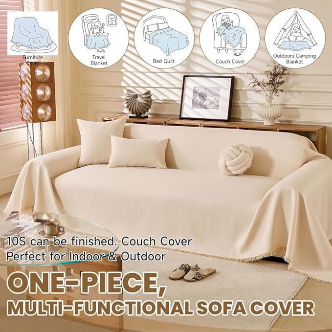 ROOMLIFE Boho Couch Covers White for 3 Cushion Sofa,Couch Cover Sectional Sofa Cover for Dog, Washable Furniture Sofa Protector Cover Soft Blanket with Tassel for Living Room, 71''X134''