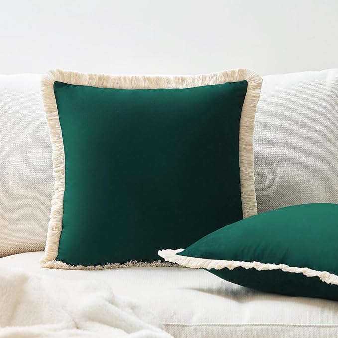 MONDAY MOOSE Decorative Throw Pillow Covers Cushion Cases, Set of 2 Soft Velvet Modern Fringe Tassel Designs, Mix and Match for Home Decor, Pillow Inserts Not Included (Teal Green, 16x16 inch)