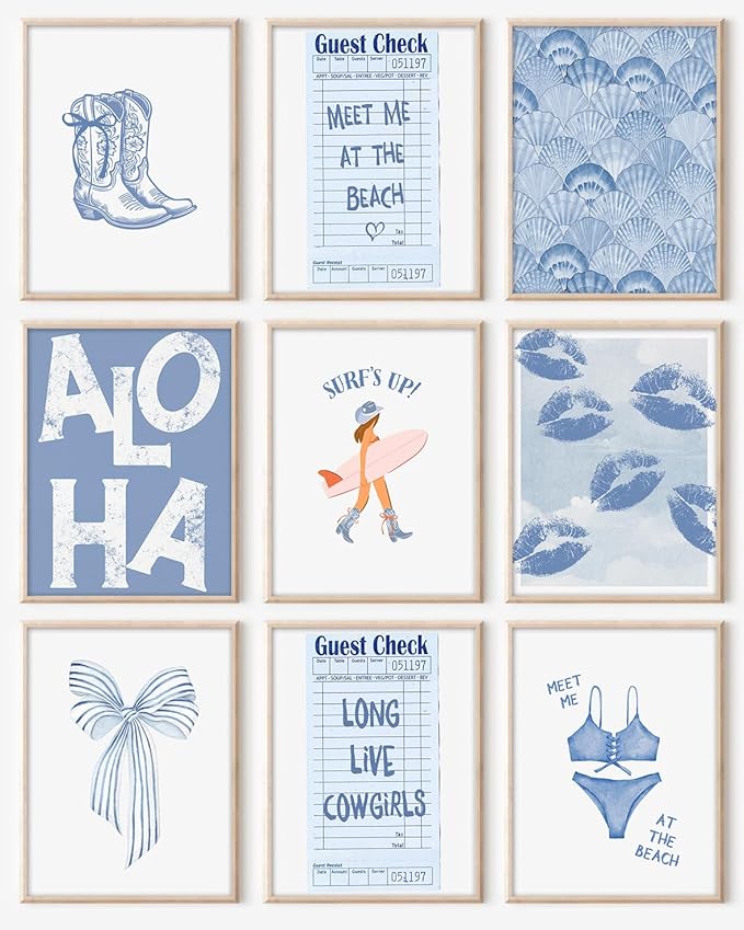 Kizbok Coastal Cowgirl Room Decor, Coastal Granddaughter Room Decor, Blue Surf Up Beachy Wall Decor Preppy Aesthetic Pictures, Trendy Beach Wall Art Boho Cowgirl Posters for Teen Girl Dorm Apartment Decor (Set of 9, Unframed)