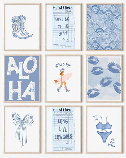 Kizbok Coastal Cowgirl Room Decor, Coastal Granddaughter Room Decor, Blue Surf Up Beachy Wall Decor Preppy Aesthetic Pictures, Trendy Beach Wall Art Boho Cowgirl Posters for Teen Girl Dorm Apartment Decor (Set of 9, Unframed)