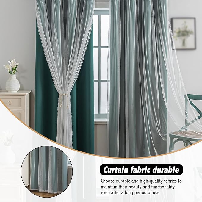 Anytime Home Curtains Blackout and Sheer Layered Solid Window Curtain Panel Pair with Grommet Top, 52Wx95L,Dark Green