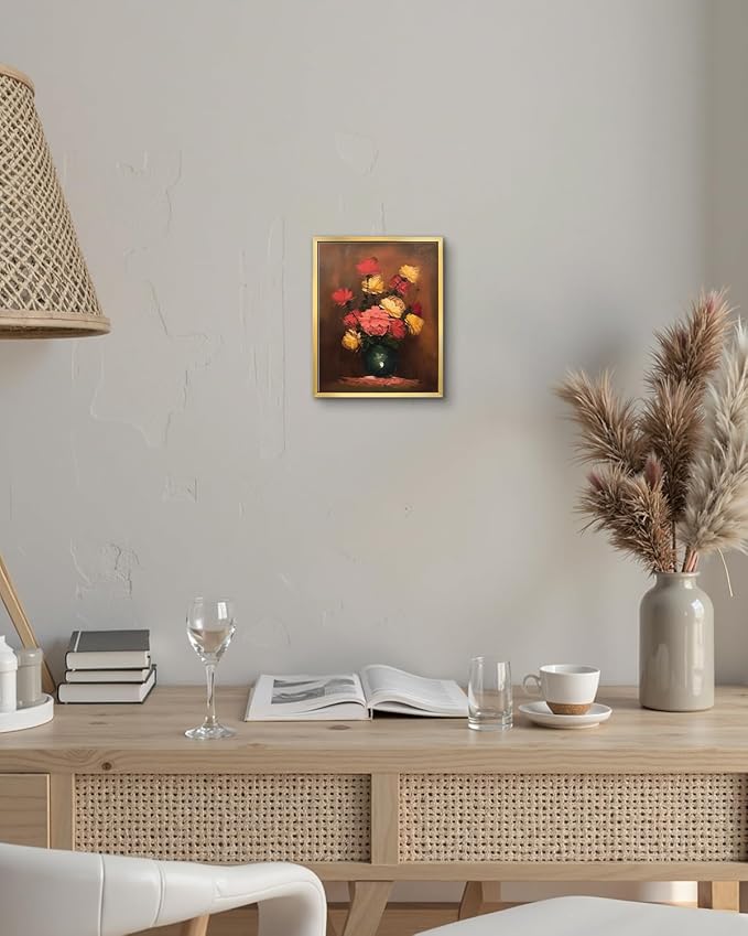 AIMAILON Vintage Gold Canvas Wall Art Framed Decor for Living Room Kitchen Classical Still Life Three Color Rose Artwork Warm Moody Botanical Aesthetic Picture Home Decoration 8x10