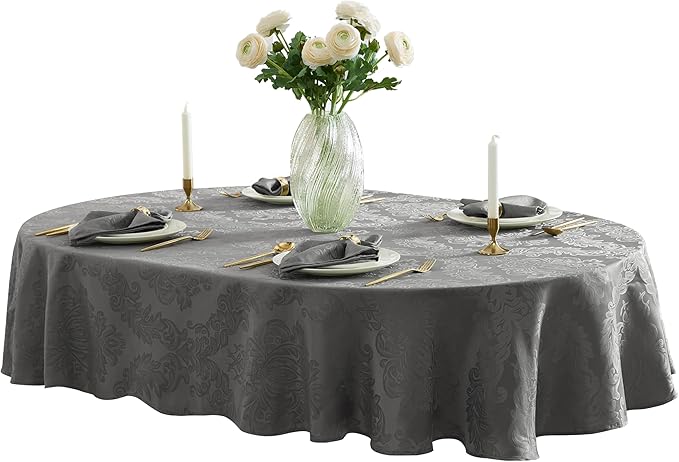Newbridge Barcelona Damask Fabric Tablecloth, 60 x 84 Inch Oval, Grey – No Iron, Soil Resistant Table Cover for Dining, Parties and Holidays