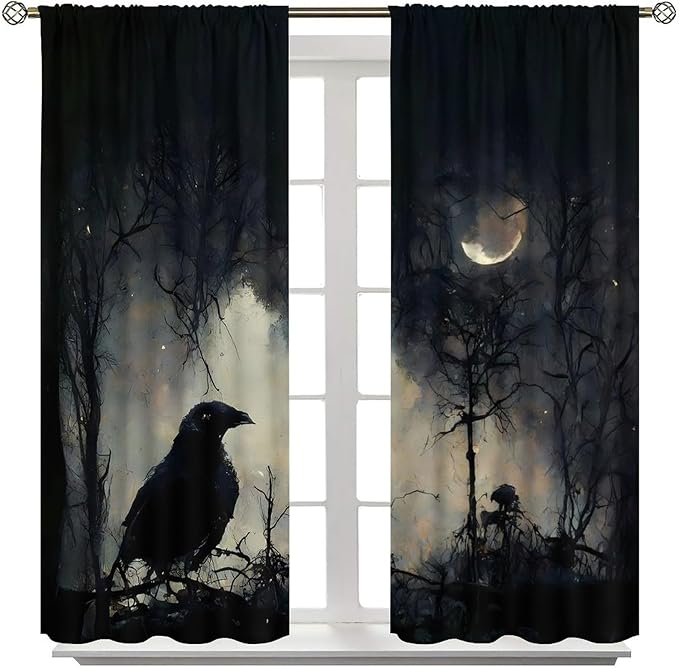 Gothic Halloween Crow Blackout Window Curtains, Black Birds Crow Crow Black Dark Decor Window Drapes, for Home Bedroom Living Room 36(W)*63(L) 2 Panels