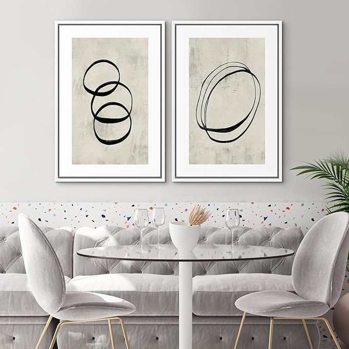 SIGNWIN Framed Canvas Print Wall Art Set Black Tan Ring Spiral Collage Abstract Shapes Cozy Neutral Modern Art Decorative Nordic Multicolor for Living Room, Bedroom, Office - 24"x36"x2 White
