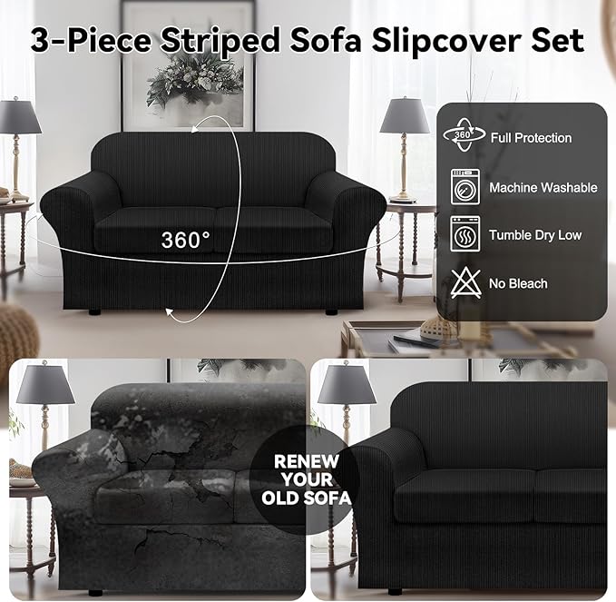 100% Waterproof Loveseat Cover 3-Piece Set Striped Loveseat Slipcovers for 2 Cushion Couch Sofa Covers with TPU Leakproof Bottom Stretch Couch Protector Pet Proof - Loveseat, Black
