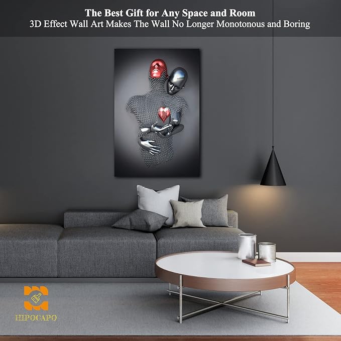 3D Wall Art - Love Heart 3D Metal Canvas Art, Silver 3D Metal Canvas Art 3D Canvas Art Wall Decor for Modern Living Room, Framed Romantic Couple Living Room Canvas Wall Art 24”x36”x1Pcs