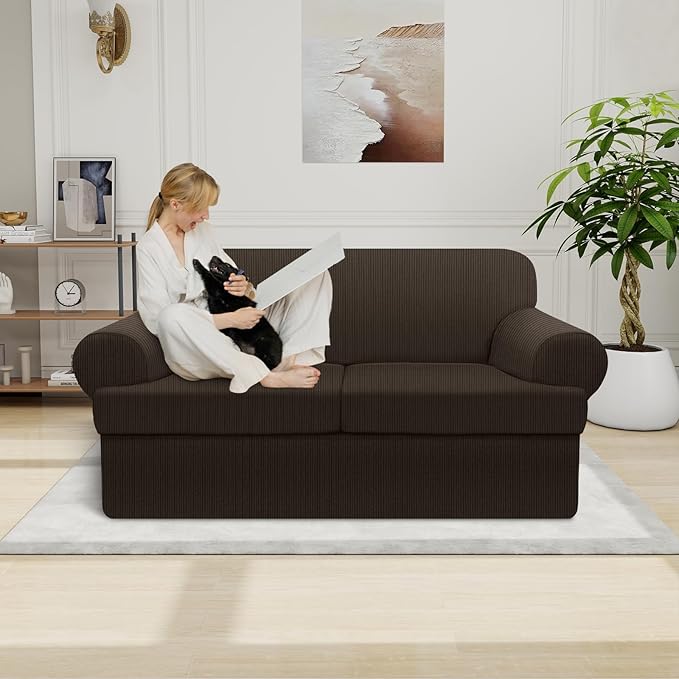 Waterproof Loveseat Cover 3-Piece Set Striped Slipcover for 2 Separate T Cushion Couch - TPU Fabric 2-Seater Sofa Covers Leakproof Couch Protector for Kids, Pets(Loveseat, Brown)