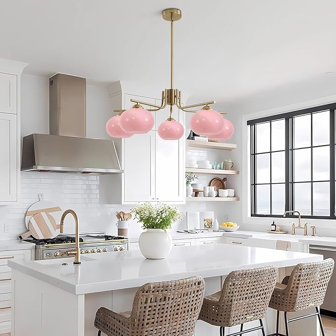 KCO Lighting Modern Pink Chandelier Pink Glass Pendant Light 5 Lights Gold Large Globe Chandelier Mid Century Flush Mount Ceiling Light Fixture for Dining Room Kitchen Island Living Room