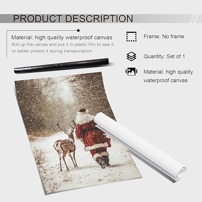 Santa Claus Reindeer Wall Art Print,Forest Snowfall in Winter Print,Christmas Home Decor,Deer Christmas Print