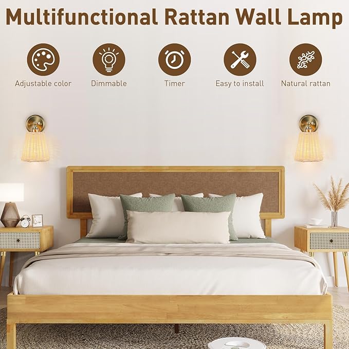 Rattan Battery Operated Wall Sconce Set of Two, Hand-Woven Wicker Lampshade, Rechargeable Wall Lights for Bedroom with Remote, Dimmable Bulb Plug-in or Hardwire Wall Sconces for Hallway Living Room
