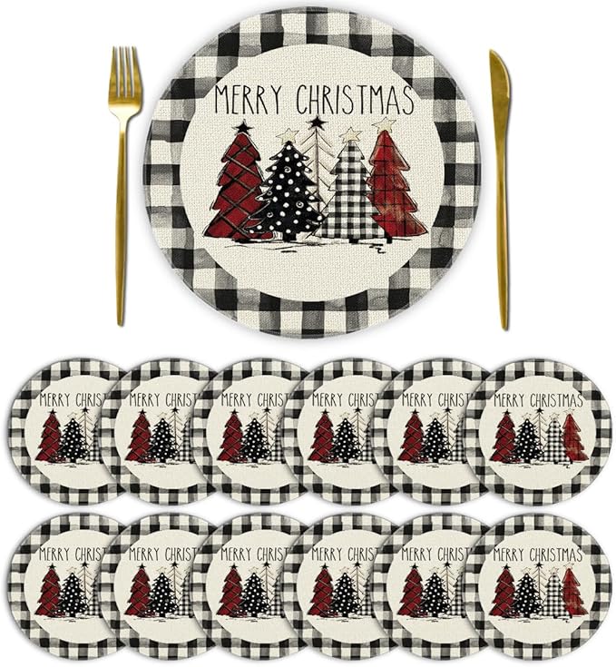 Artoid Mode Waterclor Buffalo Plaid Christmas Trees Merry Xmas Round Placemats Set of 12, 14 Inch Seasonal Winter Round Table Mats for Dining Decoration