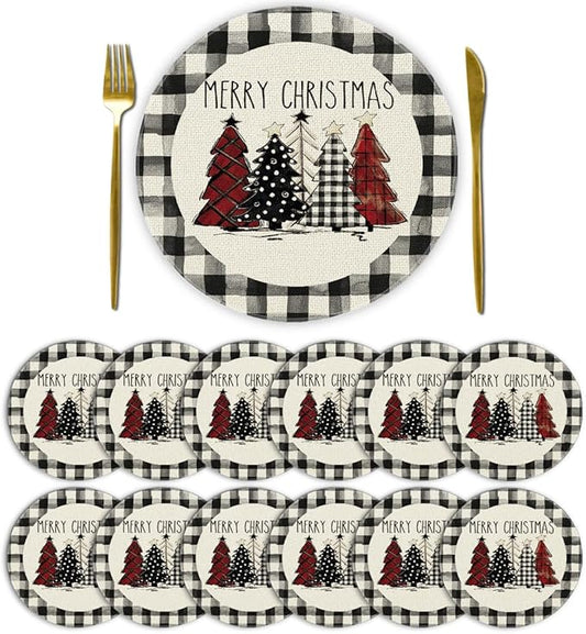 Artoid Mode Waterclor Buffalo Plaid Christmas Trees Merry Xmas Round Placemats Set of 12, 14 Inch Seasonal Winter Round Table Mats for Dining Decoration