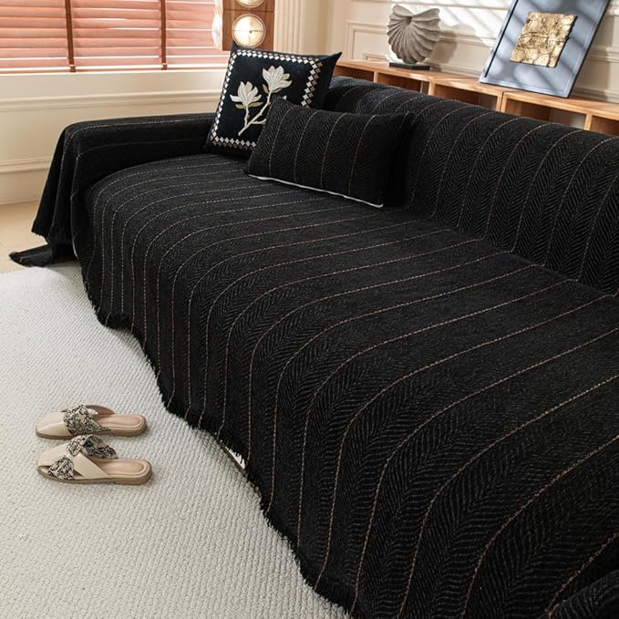 ROOMLIFE Black Sofa Cover, Vintage Boho Couch Cover for 3 Cushion Sofa, Non Slip Soft Chenille Sofa Slipcovers for Dog, Washable Furniture Sofa Protector Cover with Tassel for Living Room, 71''X118”