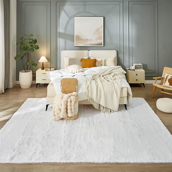 Floralux Bedroom Rug 8x10, Large White Shag Rugs, Soft Fluffy Shag Area Rug for Living Room, Plush Modern Floor Carpet for Boys Girls Room, Dorm Home Decor Aesthetic