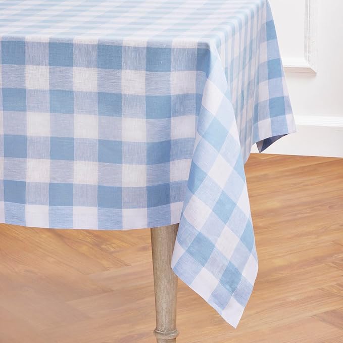 Solino Home Linen Checkered Tablecloth 60 x 90 Inch - 100% Pure Linen Chambray Blue and White Buffalo Plaid Table Cloth for Rectangle Tables - Machine Washable Tablecloth for Holiday