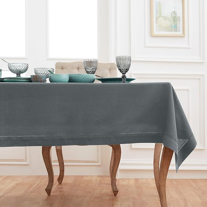 Solino Home Linen Tablecloth 52 x 52 Inch - 100% Pure Linen Charcoal Grey Square Tablecloth - Milan Hemstitch, Machine Washable Table Throw for Fall, Autumn, Winter, Thanksgiving, Christmas