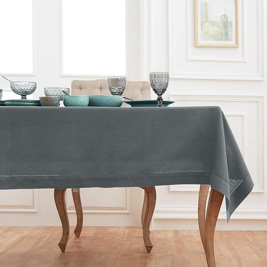 Solino Home Linen Tablecloth 52 x 52 Inch - 100% Pure Linen Charcoal Grey Square Tablecloth - Milan Hemstitch, Machine Washable Table Throw for Fall, Autumn, Winter, Thanksgiving, Christmas