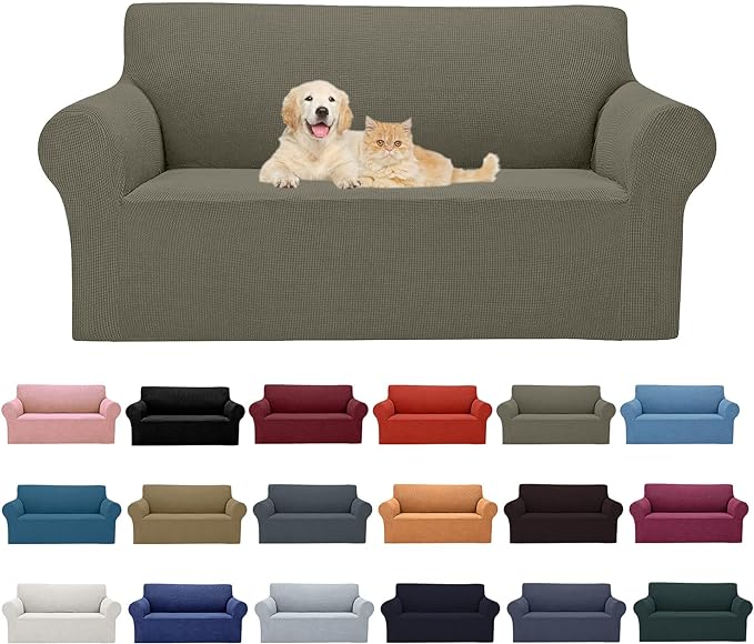Cupuamon 2025 New Stretch Loveseat Sofa Slipcovers Couch Cover for 2 Cushion Furniture Protector Sofa Covers with Elastic Bottom Jacquard Fabric Small Checks for Pets, Kids - Khaki