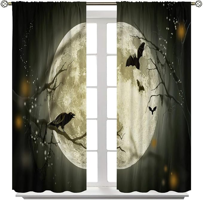 Gothic Halloween Full Moon Blackout Curtains, Gothic Halloween Night Black Bat Crow Print Window Drapes, for Kids Boys Bedroom Living Room 31.5(W)*63(L) 2 Panels