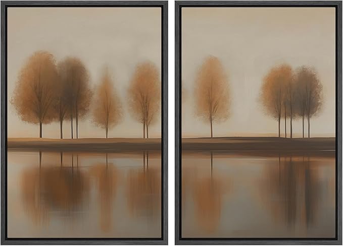 SIGNWIN Framed Canvas Print Wall Art Set Autumn Trees by The Lake Warm Brown Landscape Illustrations Modern Art Scenic Colorful for Living Room, Bedroom, Office - 16"x24"x2 Black