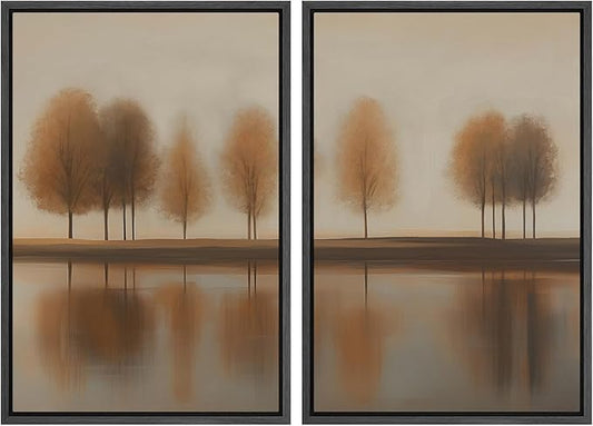 SIGNWIN Framed Canvas Print Wall Art Set Autumn Trees by The Lake Warm Brown Landscape Illustrations Modern Art Scenic Colorful for Living Room, Bedroom, Office - 16"x24"x2 Black