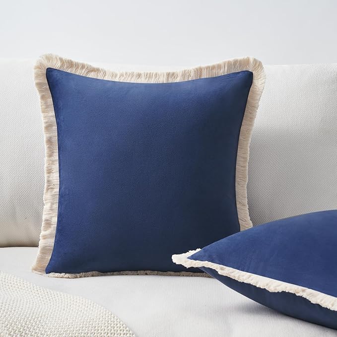 MONDAY MOOSE Decorative Throw Pillow Covers Cushion Cases, Set of 2 Soft Velvet Modern Fringe Tassel Designs, Mix and Match for Home Decor, Pillow Inserts Not Included (Midnight Blue, 16x16 inch)