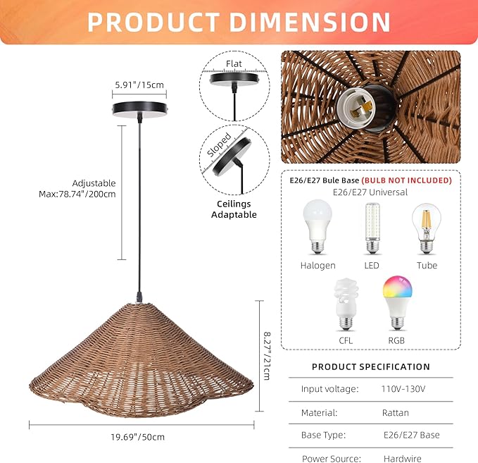 Arturesthome 1 Light Vintage Wicker Pendant Lighting for Kitchen Island,19.6" Handmade Pendant Ceiling Light for Kitchen Island Office Home Decor Coffee
