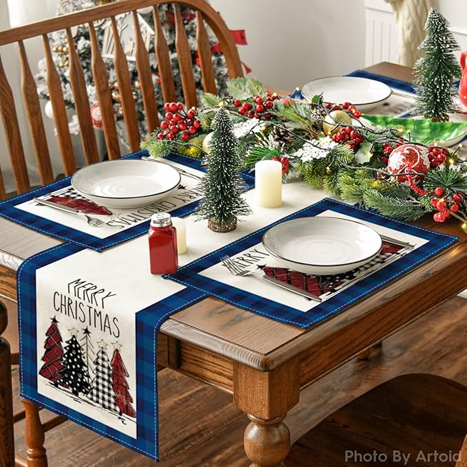 Artoid Mode Blue Waterclor Buffalo Plaid Christmas Trees Placemats Set of 6, 12x18 Inch Winter Table Mats for Outdoor Home Party Kitchen Dining Decor