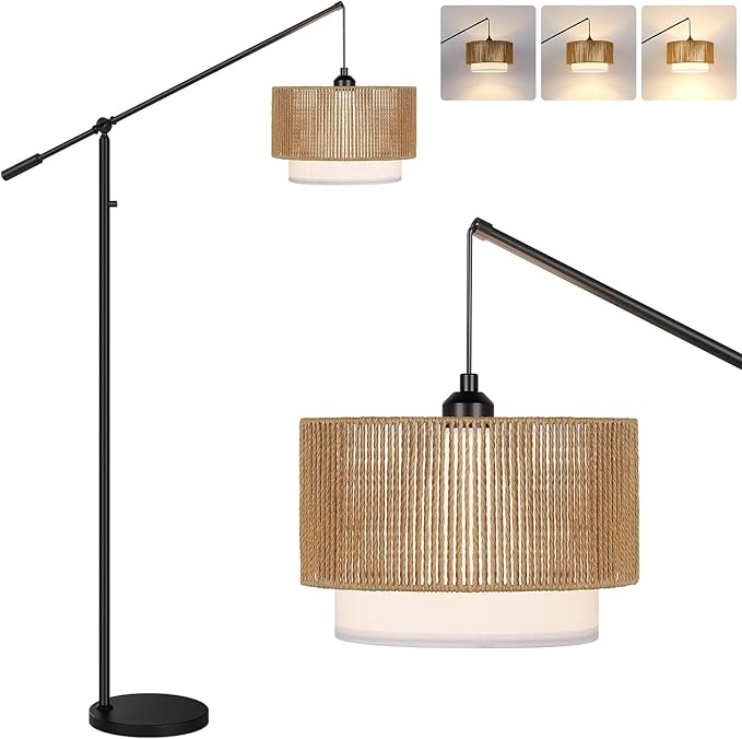 【Upgraded】Arc Floor Lamp for Living Room, Boho Dimmable Swing Arm Floor Lamp with Rattan & Fabric Shades, Black Rattan Standing Lamp with 11W Bulb, Farmhouse Adjustable Tall Lamp for Bedroom Office