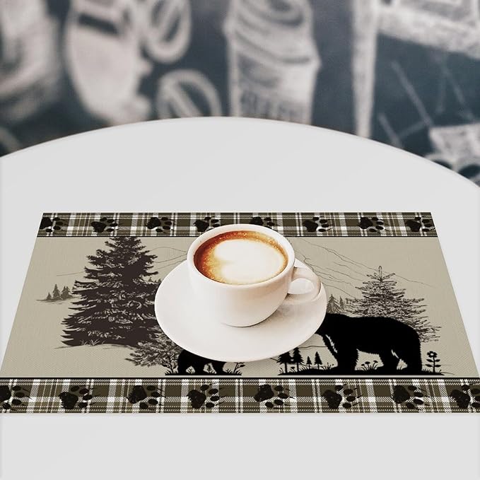 Rustic Bear Placemat Set of 4, 12x18 Inch Retro Farmhosue Green Buffalo Plaid Wildlife Wooden Forest Tree Cabin Country Lodge Coffee Table Mats for Outdoor Kitchen Dining Table Decoration
