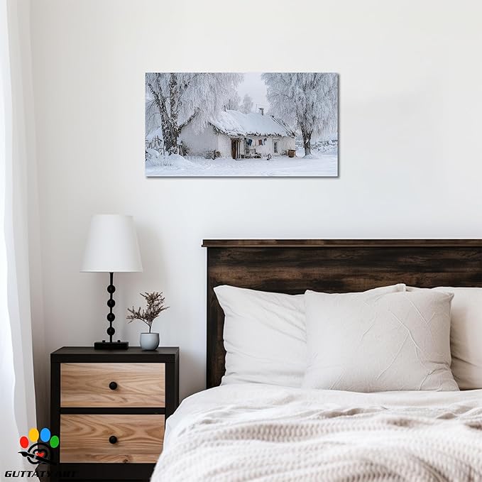 GUTTATY Christmas Winter Scene Canvas Pictures, Snowy Village Wall Decor, White Frost Landscape Canvas Artwork, Rustic Cabin Wall Painting for Living Room, Bedroom, Holiday Decoration, 40x20 Inch