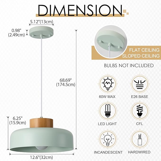 Mid Century Pendant Lights,12.6 inch,Natural Wood Cap,Modern Pendant Light Fixture for Kitchen, Dining Table, Light Blue