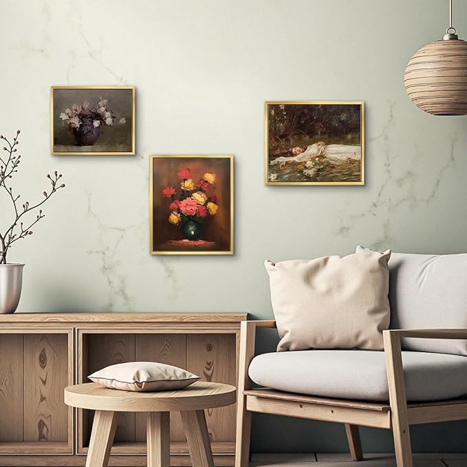 AIMAILON Vintage Gold Canvas Wall Art Framed Decor for Living Room Kitchen Classical Still Life Three Color Rose Artwork Warm Moody Botanical Aesthetic Picture Home Decoration 10x12