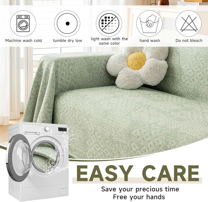 ROOMLIFE Green Sofa Cover, Vintage Boho Couch Cover for 3 Cushion Sofa, Soft Breathable Sofa Cover for Dog, Washable Furniture Sofa Protector Cover Blanket with Tassel for Living Room, 71 '' X 134''
