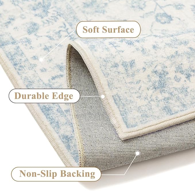 6x9 Blue Area Rug Non Slip Vintage Living Room Distressed Machine Washable Carpet Traditional Indoor Bedroom Blue Retro Floral Accent Throw Rug for Office Kitchen Dorm Dining Room