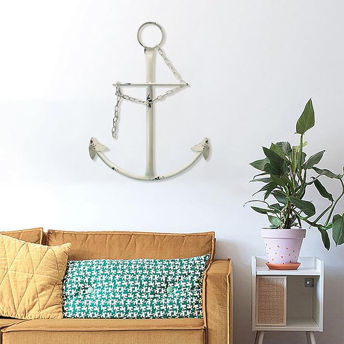 Nautical Anchor Wall Decor,Antique Metal Anchor Art Wall Decor With Chain for Bedroom Living Room Dorm Home/13" Antique Anchor with Chain Wall Decor,Antique Metal Anchor Farmhouse Decor(Creamy White)