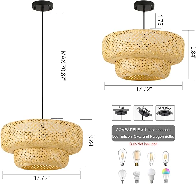 17.8 inch Farmhouse Bamboo Pendant Lighting Handmade Woven Chandelier Beige Bohemian Hanging Light Fixture for Kitchen Island Dining Room Living Room Coffee Restaurant