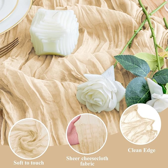 Wokceer Cheesecloth Table Runner 6Pack 10FT Sand Christmas Gauze Cheese Cloth Table Runner for Party Long Rustic Sheer Table Runners for Baby Bridal Shower Wedding Easter Table Decor