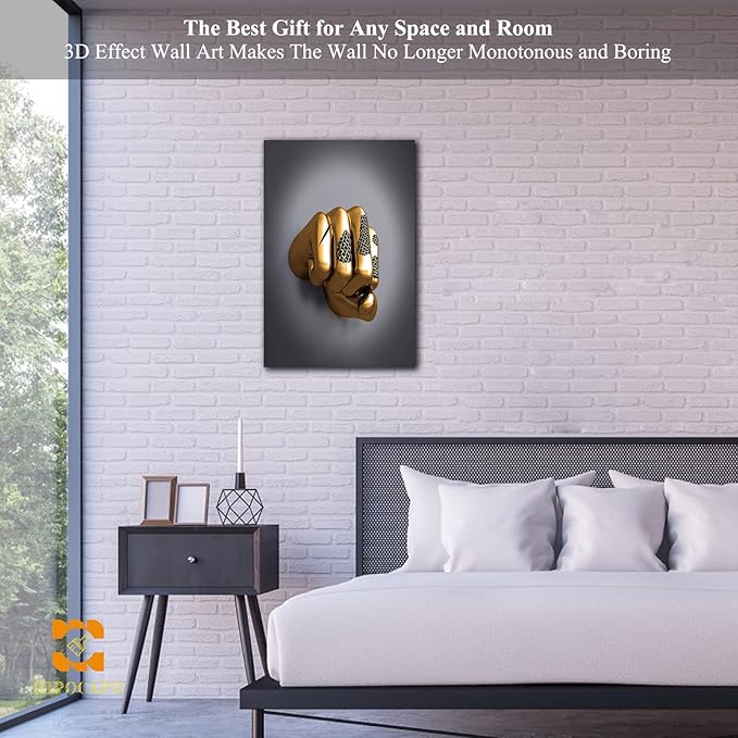 3D Wall Art - Abstract 3D Metal Effect Canvas Wall Art, 3D Modern Wall Art for Office, Golden Boxer Gesture 3D Art Wall Decor for Modern Bedroom Decor Framed 12”x18”x1Pcs