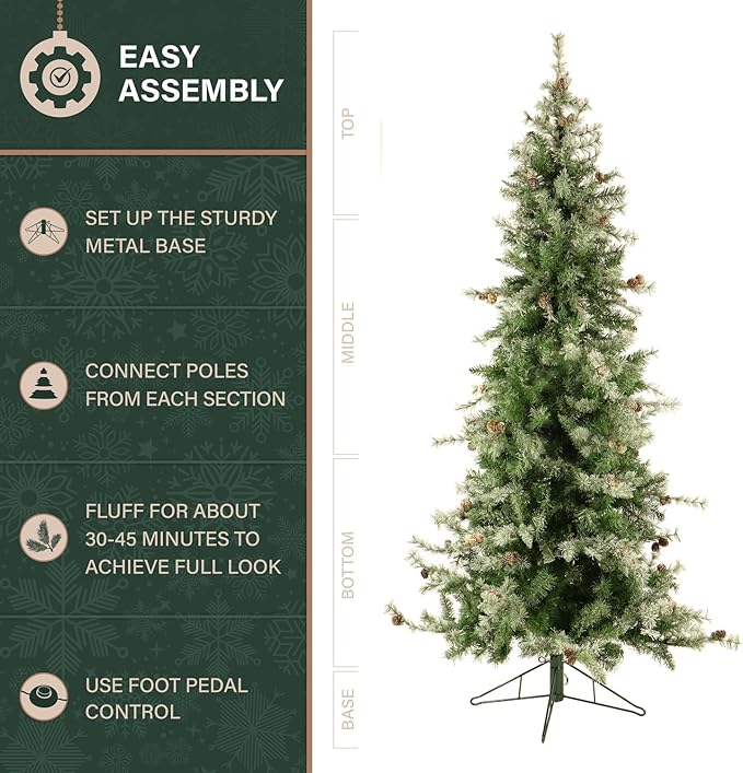 Fraser Hill Farm 6.5-Feet Pre-Lit Buffalo Fir Green Slim Artificial Christmas Tree with Warm White LED String Lights, Realistic Foliage, Lightly Flocked with Pinecones, Stand Included