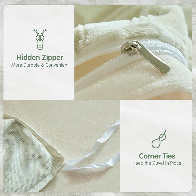 Tokokimo Velvet Duvet Cover King Size - 3pcs Green Duvet Cover King Set, Ultra Soft Warm Fuzzy Flannel Comforter Cover Set with Tufted Floral with 2 Pillowcases(Green, King 104"x90")