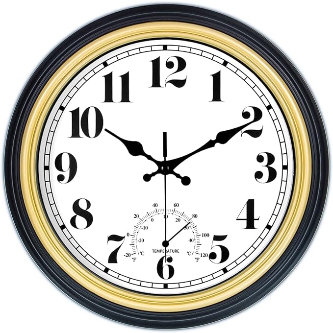 45MinST 12 Inch Indoor/Outdoor Retro Round Waterproof Wall Clock with Thermometer, Silent Non Ticking Battery Operated Quality Quartz Wall Clock Home/Patio Decor