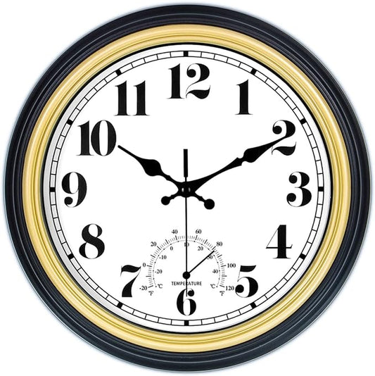 45MinST 12 Inch Indoor/Outdoor Retro Round Waterproof Wall Clock with Thermometer, Silent Non Ticking Battery Operated Quality Quartz Wall Clock Home/Patio Decor