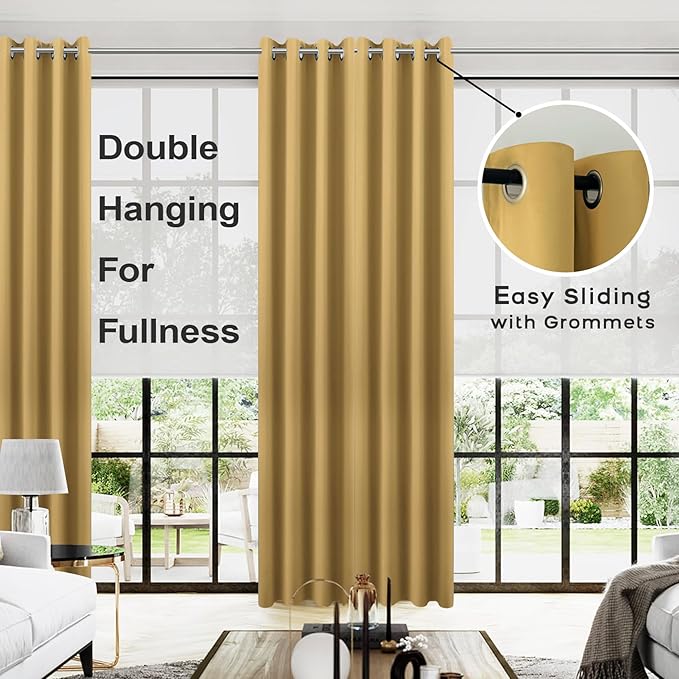 KOUFALL Gold Luxury Curtains 108 Inch Long for Living Room,Blackout Christmas Holiday Decorative Curtains Drapes for Dining Room Family Room