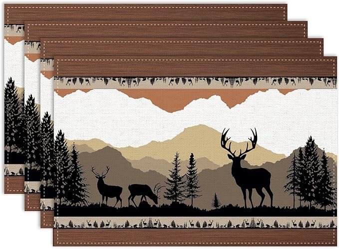 Bear Deer Placemat Set of 4, 12x18 Inch Retro Farmhosue Wildlife Aniamal Wooden Forest Tree Cabin Country Lodge Brown Coffee Table Mats for Outdoor Kitchen Dining Table Decoration