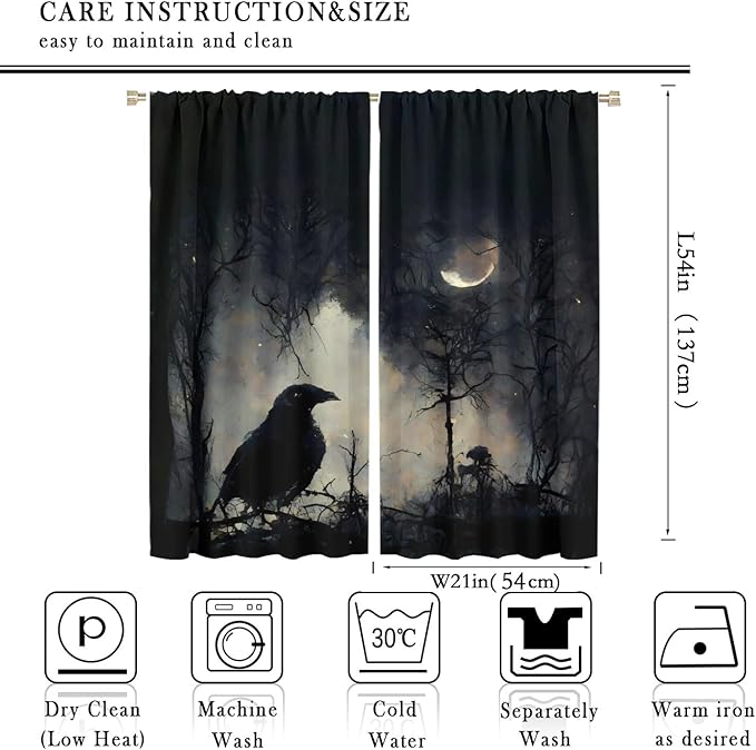 Gothic Halloween Crow Blackout Window Curtains, Black Birds Crow Crow Black Dark Decor Window Drapes, for Home Bedroom Living Room 21(W)*54(L) 2 Panels